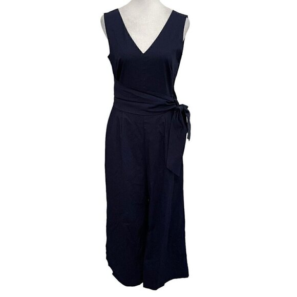 J.Crew Wrap-Tie Wide Leg V-Neck Jumpsuit Poplin Cotton Navy Blue Nautical size 4 - Picture 1 of 11